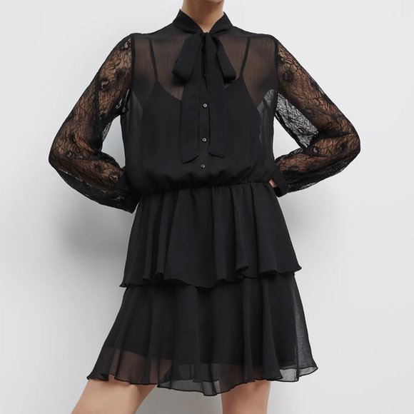 Zara Dresses & Skirts - NEW Zara Black Lace Bow Neck Ruffled Mini Dress